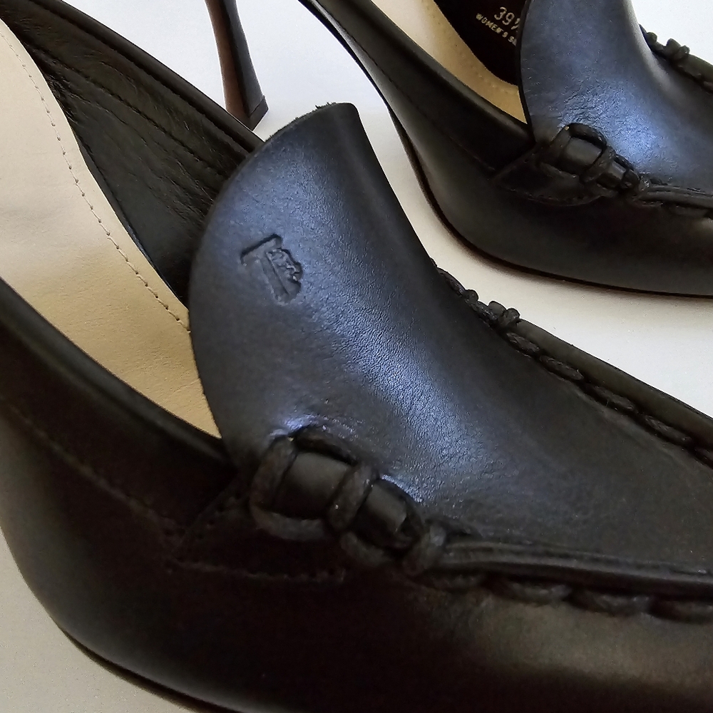 Tod's Leather Mocassin Pointed Toe High Heel Mules Size 39.5 Black - Picture 10 of 10
